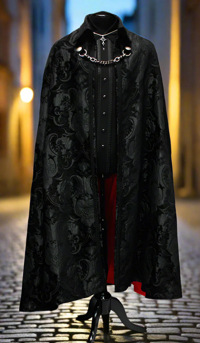 CLOAK OF DARKNESS - BLACK ON BLACK TAPESTRY W/ RED LINING - Image 4