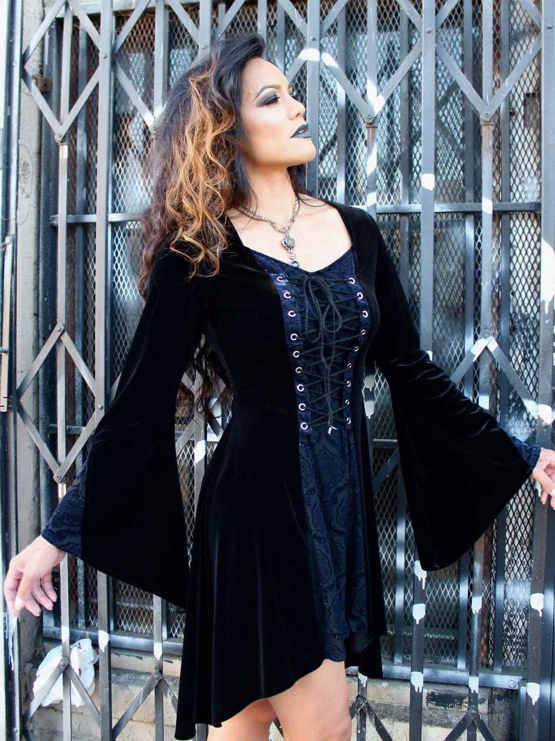 DRAGONLADY DRESS - BLACK w/ BLUE VELVET - Image 3