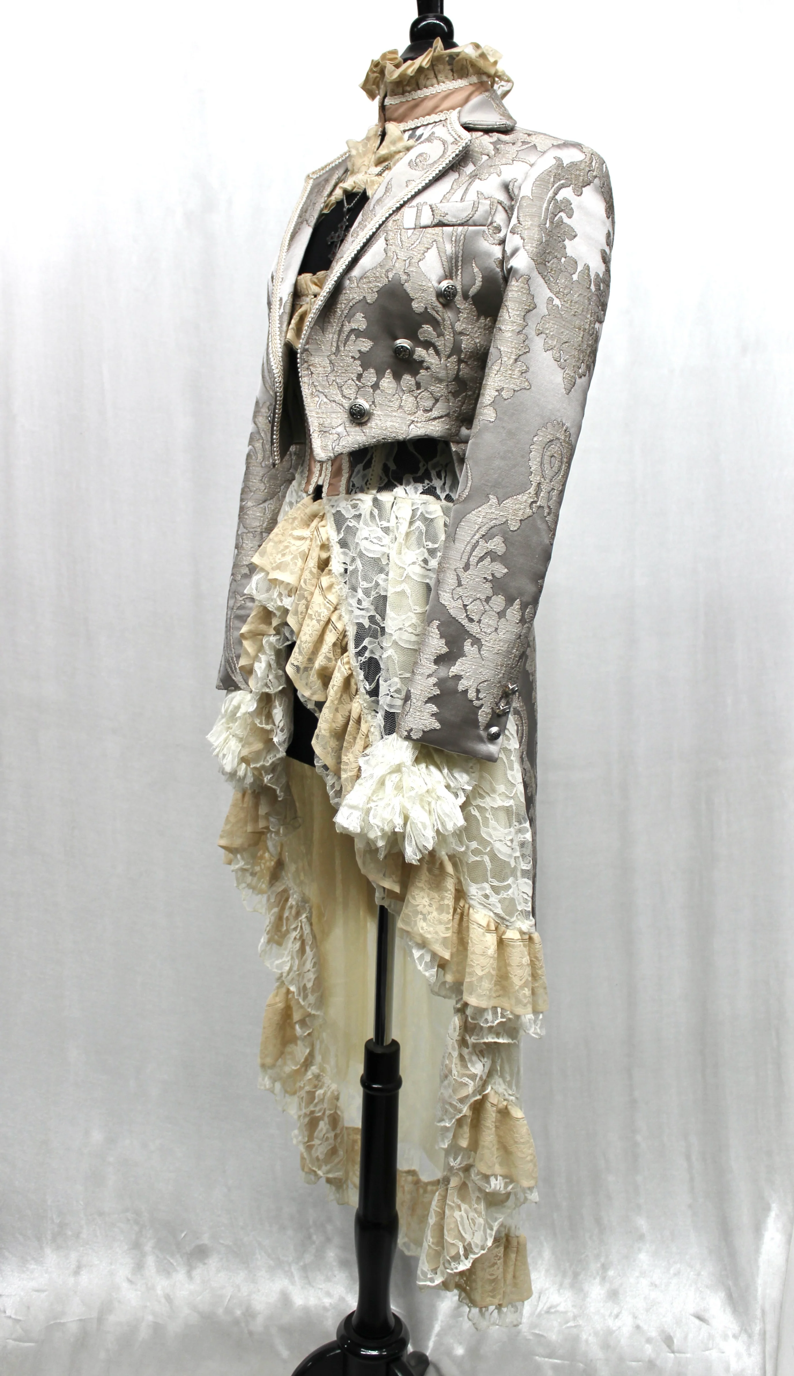 HARLEQUIN TAILCOAT - SATIN BROCADE - SILVER - Image 4