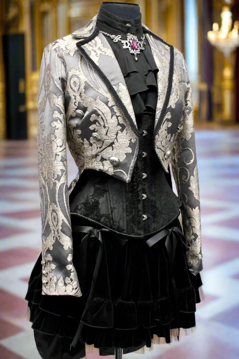 HARLEQUIN TAILCOAT - SATIN BROCADE - CHARCOAL GREY - Image 2
