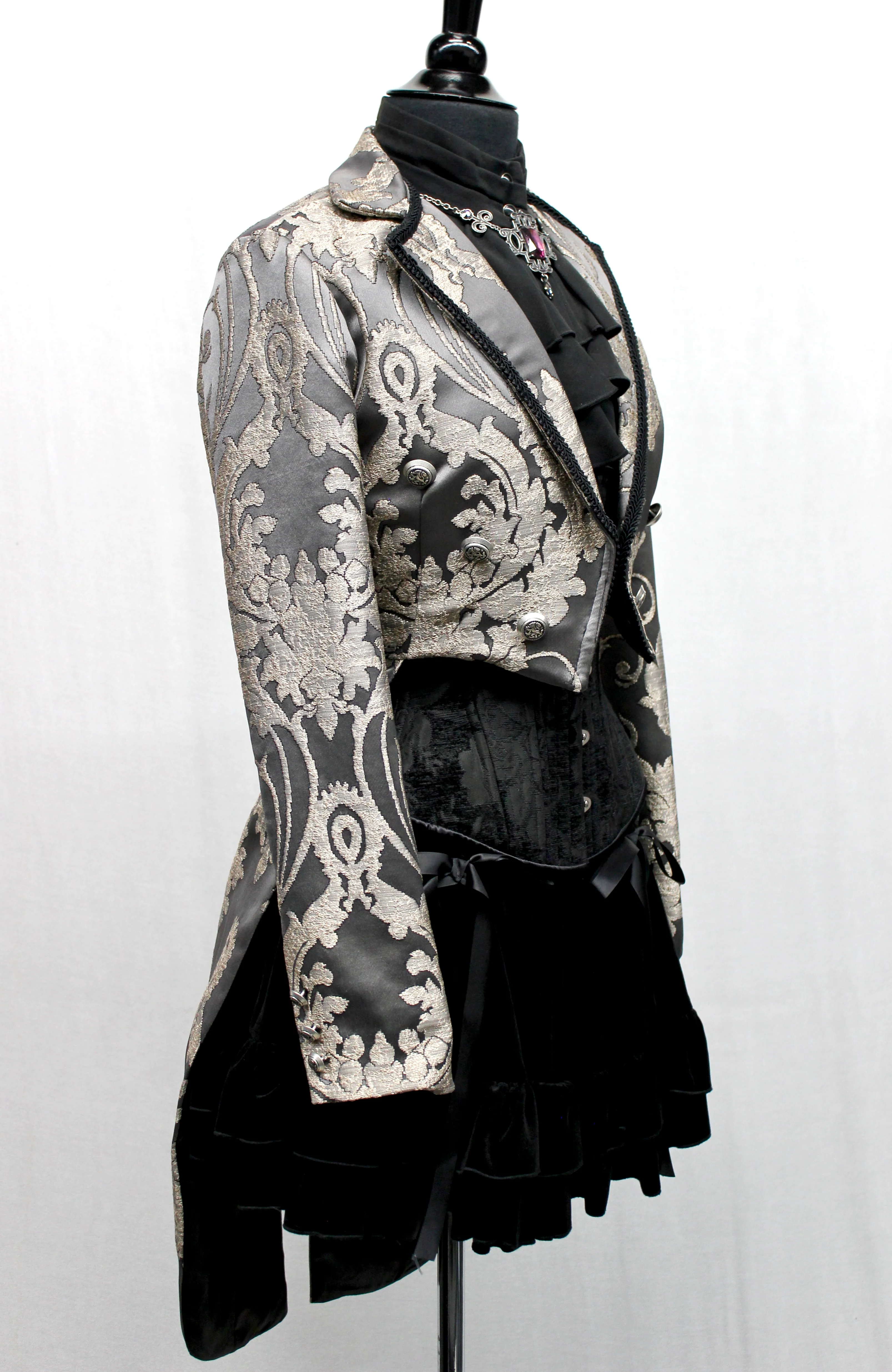 HARLEQUIN TAILCOAT - SATIN BROCADE - CHARCOAL GREY - Image 3