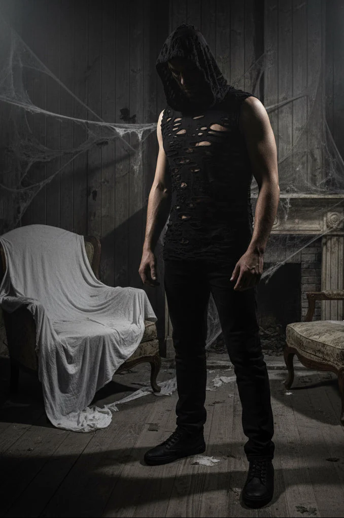 MEN'S HOODIE T - BLACK DECAYED FABRIC - Image 5