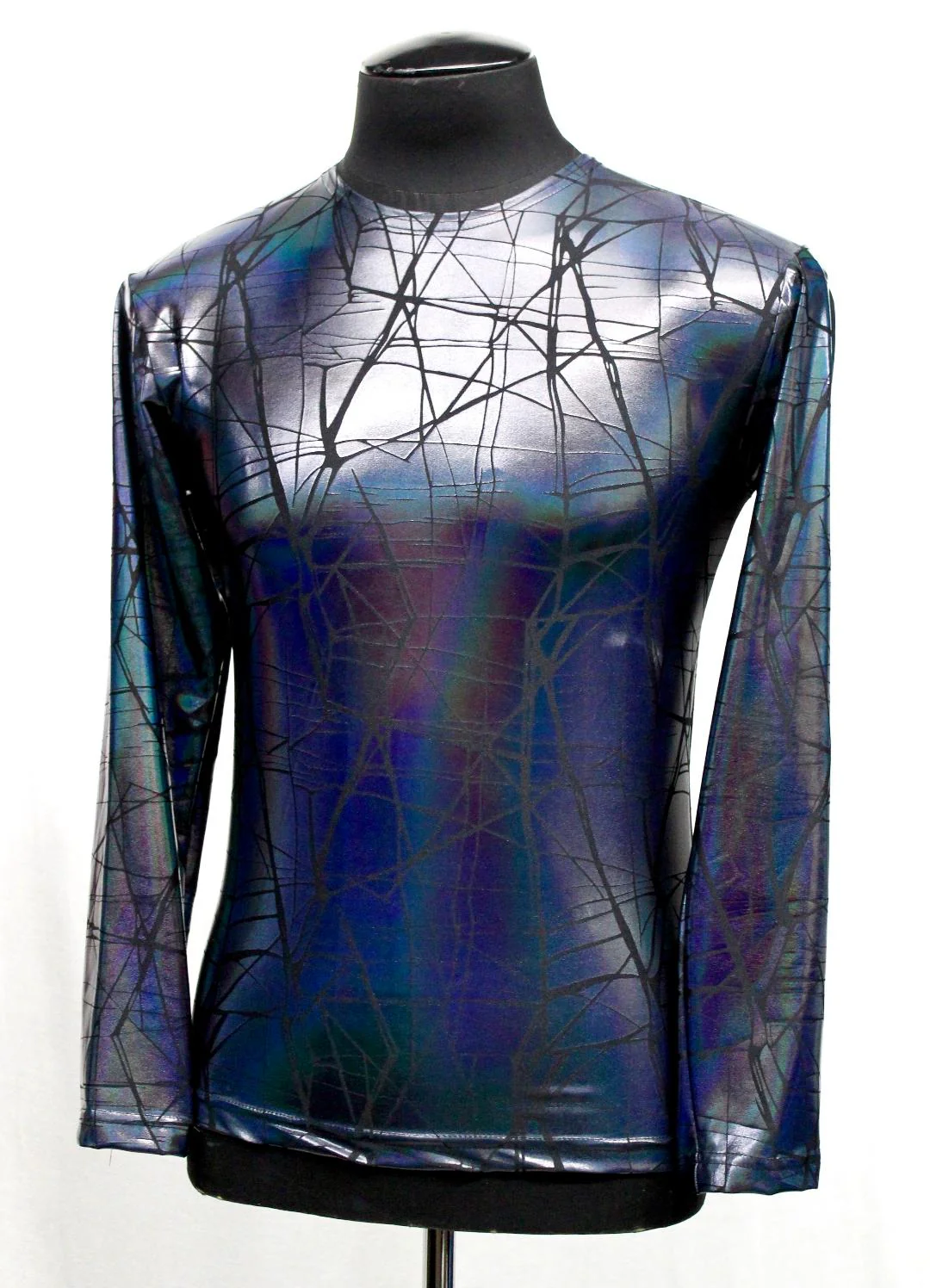MEN'S LONG SLEEVE TEE - CRACKED HOLOGRAM FABRIC - BLUE/BLACK - Image 3