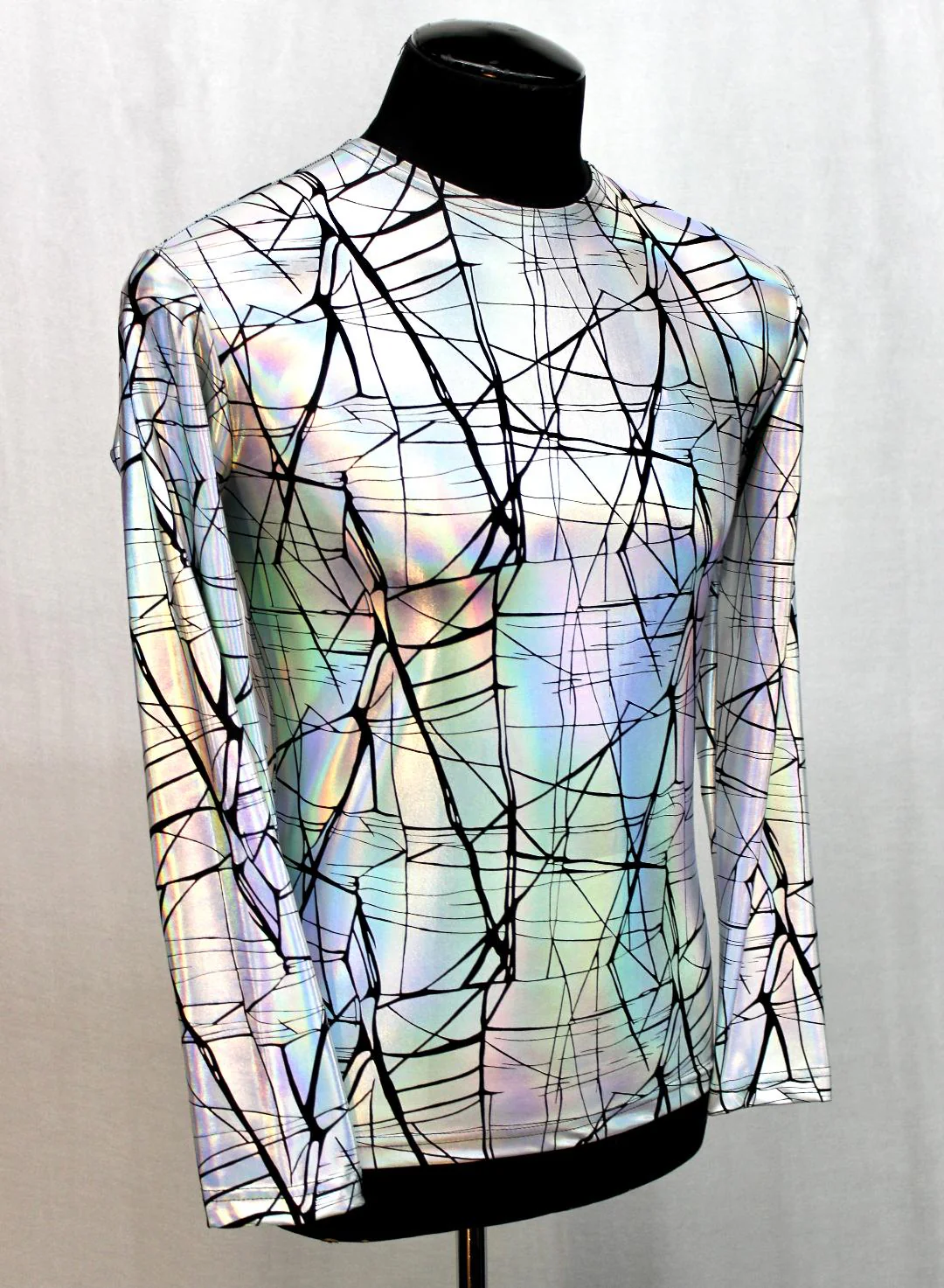 MEN'S LONG SLEEVE TEE - CRACKED HOLOGRAM FABRIC - WHITE - Image 3