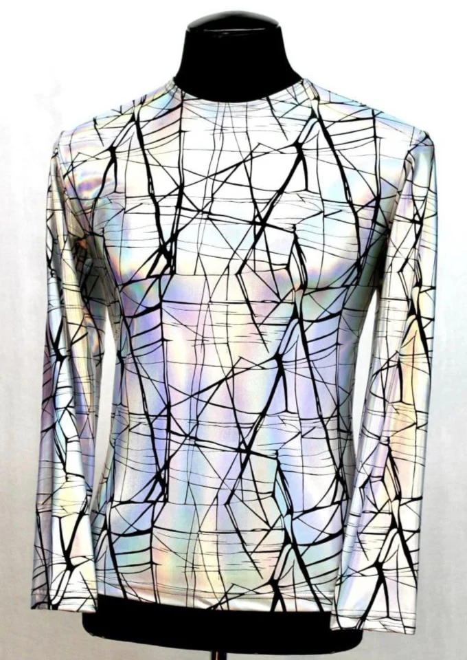 MEN'S LONG SLEEVE TEE - CRACKED HOLOGRAM FABRIC - WHITE - Image 4