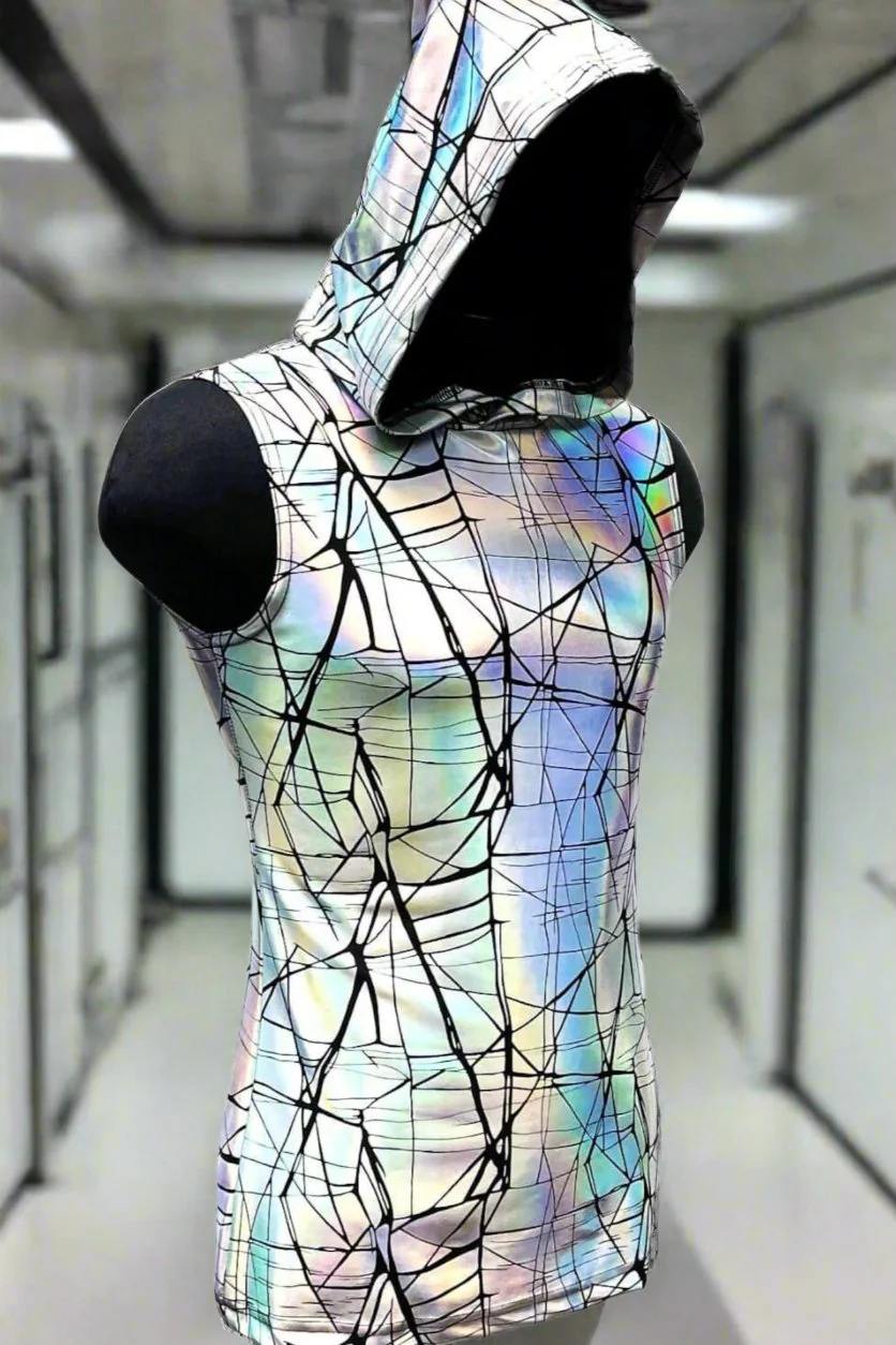 MEN'S HOODIE T - CRACKED HOLOGRAM FABRIC - WHITE - Image 2