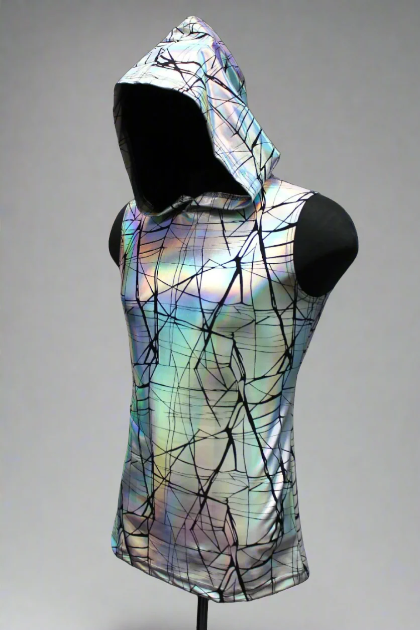 MEN'S HOODIE T - CRACKED HOLOGRAM FABRIC - WHITE - Image 6