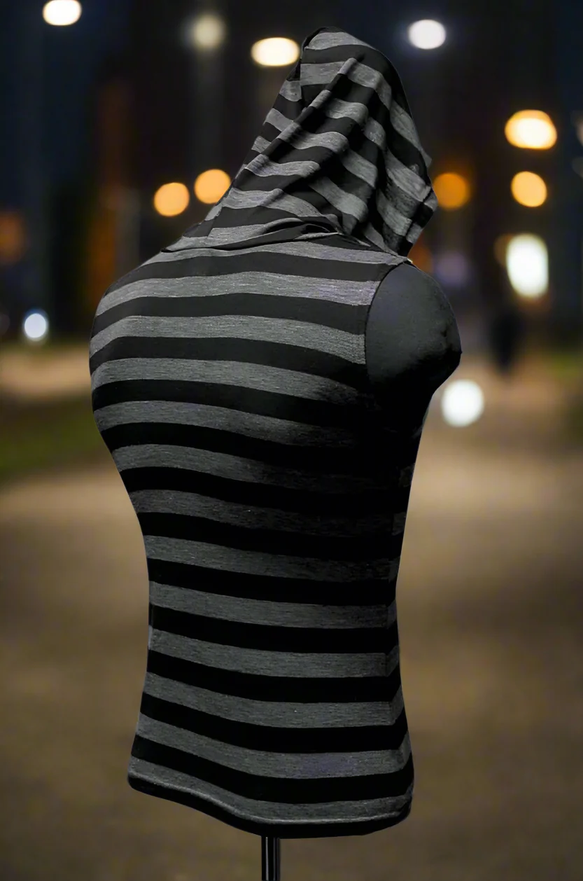 MEN'S SLEEVELESS HOODIE T-SHIRT - PUNK BLACK/GREY STRIPE - Image 3