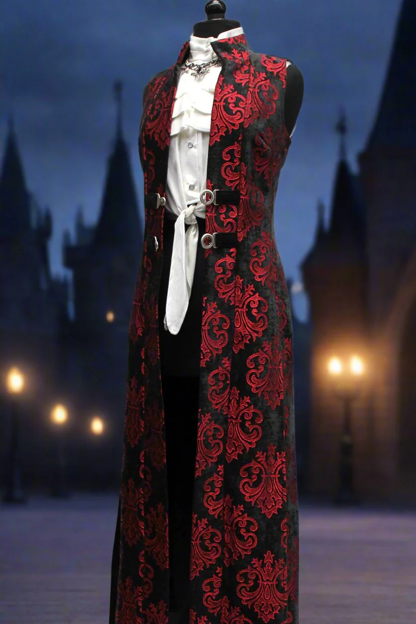 NECROMANTIC COAT/VEST - RED ON BLACK VELVET BROCADE - Image 2