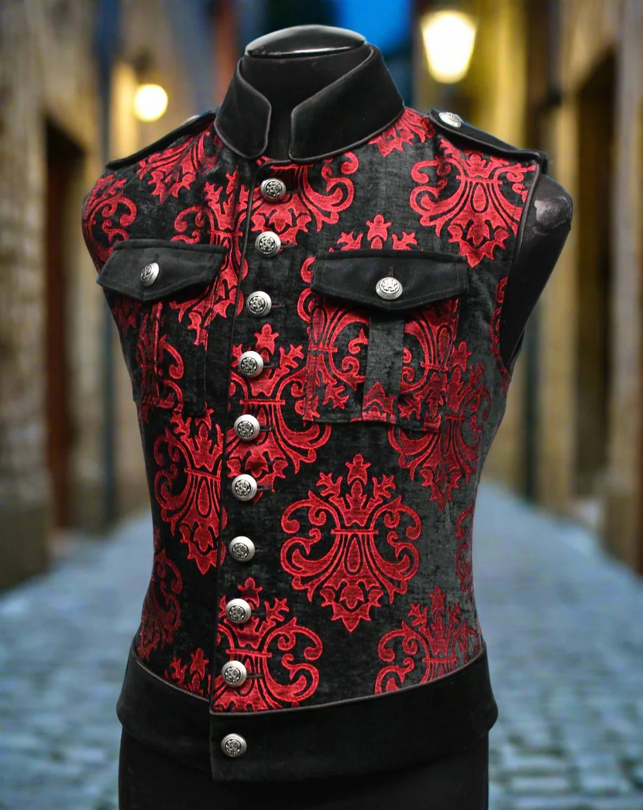 ROYAL MARINE VEST -Red On Black Velvet Brocade - Image 2