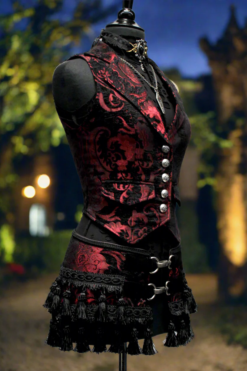 TASSEL SKIRT - RED/BLACK TAPESTRY - Image 2