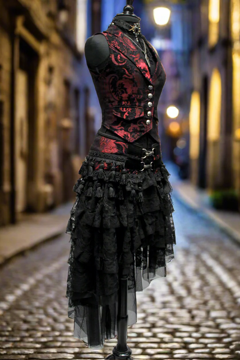 TASSEL SKIRT - RED/BLACK TAPESTRY - Image 3