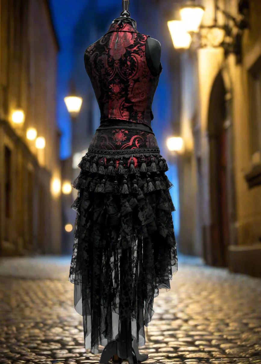 TASSEL SKIRT - RED/BLACK TAPESTRY - Image 5