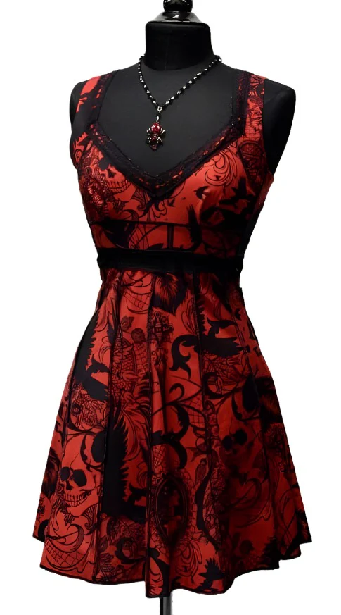 VINTAGE STYLE COCKTAIL DRESS - GOTHIC TATTOO PRINT - RED - Image 2