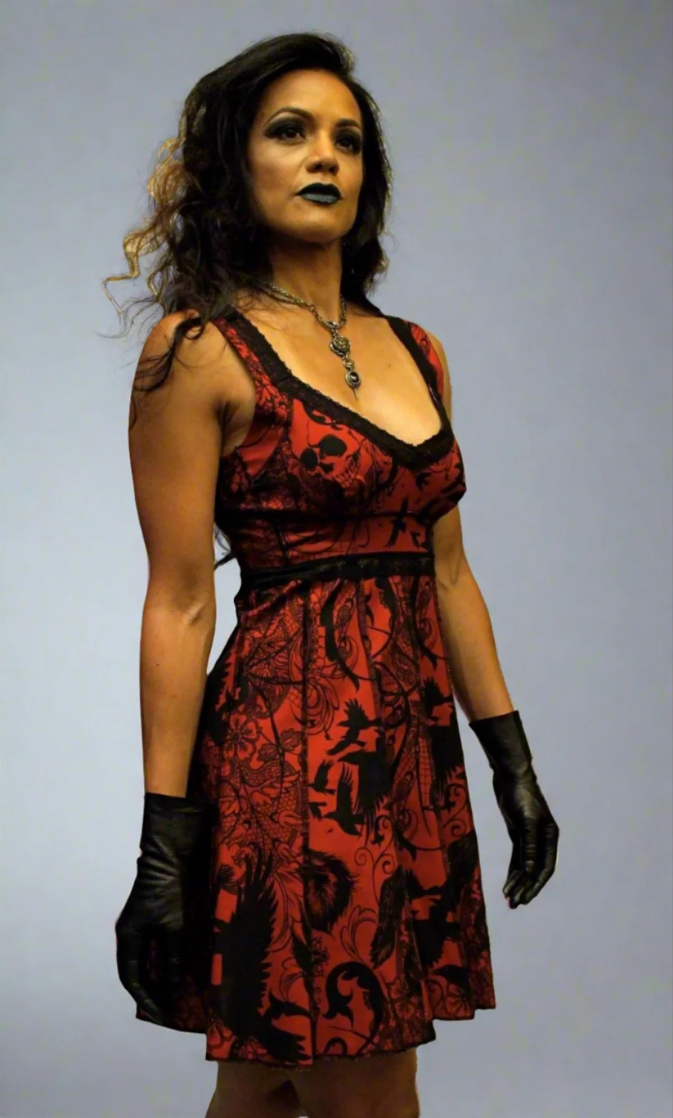 VINTAGE STYLE COCKTAIL DRESS - GOTHIC TATTOO PRINT - RED - Image 3