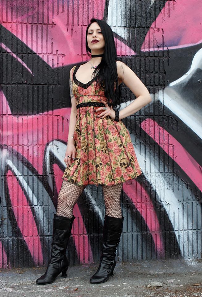 VINTAGE STYLE COCKTAIL DRESS - SKULL AND ROSE PRINT - Image 2